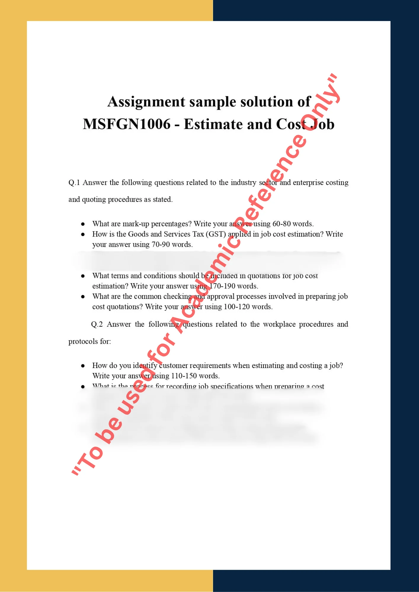 Assignment sample solution of MSFGN1006 - Estimsate and Cost Job 0